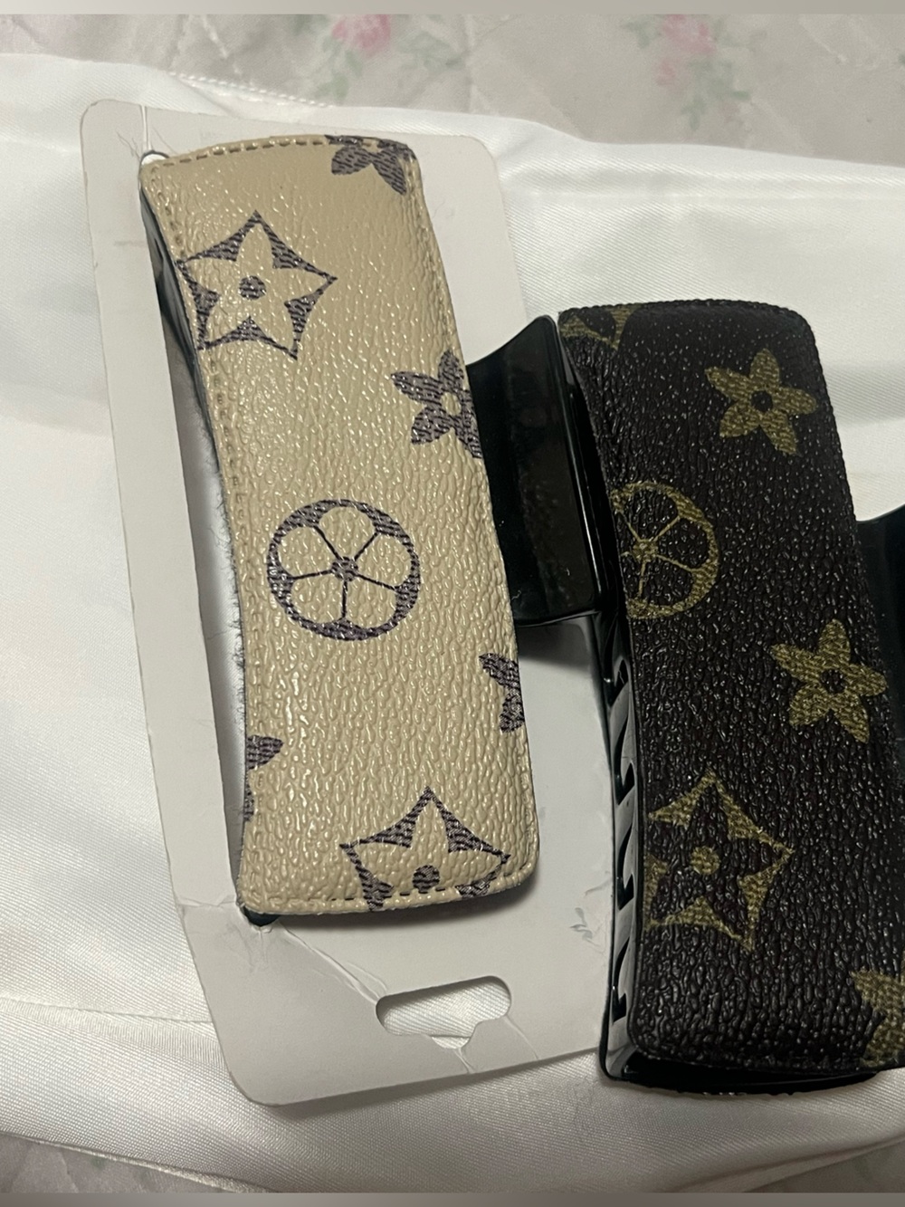 2 Faux Leather Style Beige and Brown Patterned Hair Clips
